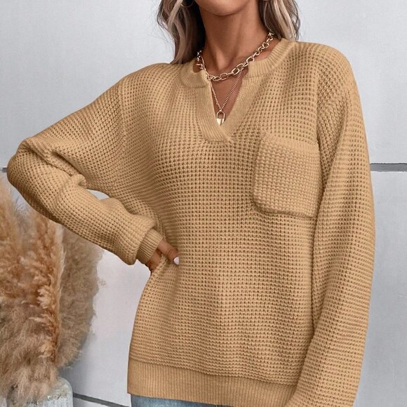 Khaki Casual Womens Notched Neck Pocket Patched Drop Shoulder Sweat… - Picture 5 of 5